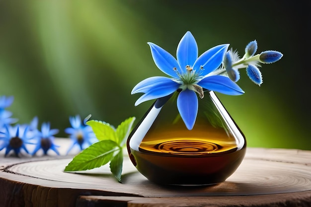 Una botella de aceite se encuentra en una superficie de madera con flores azules en el fondo.