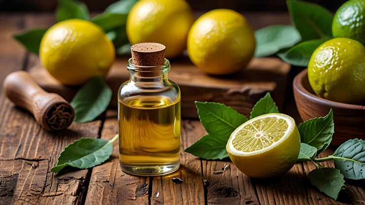 Una botella de aceite esencial de bergamota es fruta fresca de bergamoto y hojas Ai generativo