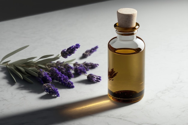 Botella de aceite esencial y flores de lavanda en mesa de piedra clara Generación de IA