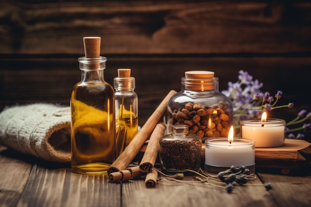 Una botella de aceite esencial con flores sobre una mesa de madera.