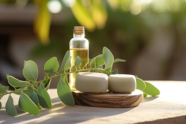 Botella de aceite esencial con rama de eucalipto en la mesa Concepto de spa con aceite de eucaliptus y extracto de hojas de eucalyptus productos cosméticos de spa orgánicos naturales AI Generado