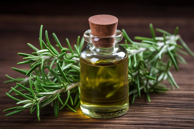 Botella de aceite esencial con ramitas de romero fresco sobre una mesa de madera Aceite de romero para el crecimiento del cabello en una botella pequeña rodeada de hojas de romero frescas IA generada