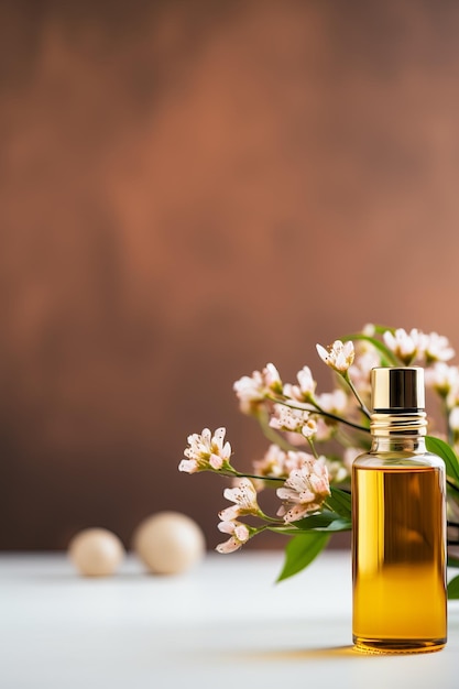 botella de aceite con flor y un espacio para texto