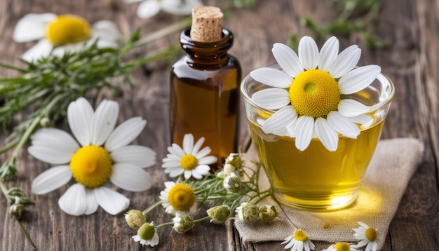 Una botella de aceite con una flor en la parte superior