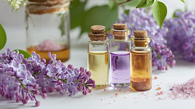 una botella de aceite con flores púrpuras en el fondo