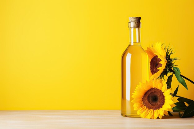 Una botella de aceite de girasol y girasol sobre un fondo amarillo