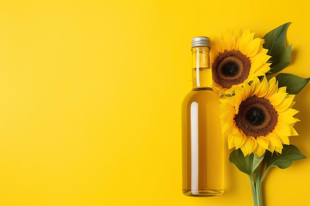 Foto una botella de aceite de girasol y girasol sobre un fondo amarillo