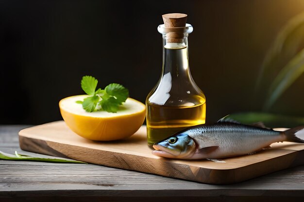 una botella de aceite junto a un limón y un pescado.