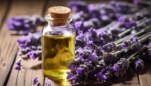 Foto una botella de aceite de lavanda se encuentra en una mesa de madera