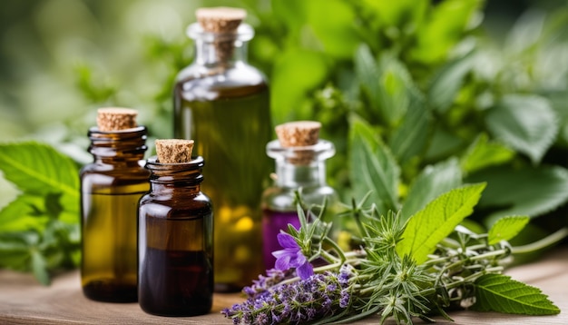 Una botella de aceite de lavanda con una flor púrpura en la parte superior