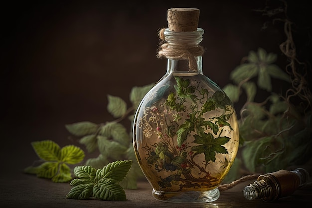 Botella de aceite medicinal con hierbas frescas