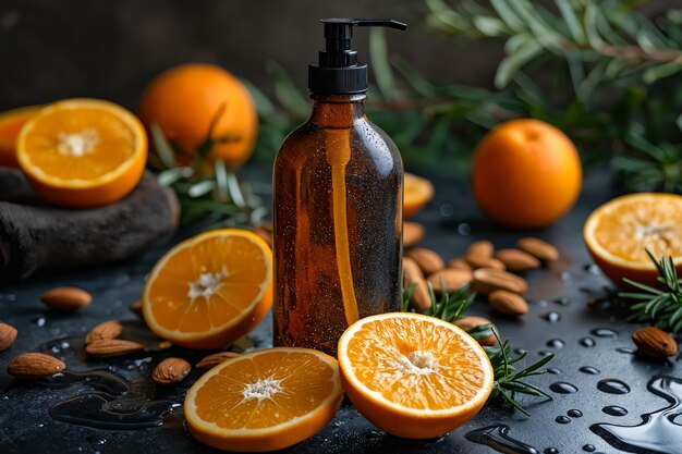 Foto botella de aceite de naranja con almendras y rebanadas de naranjas