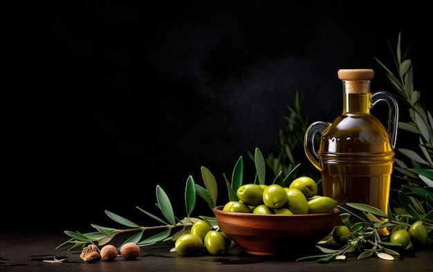 Botella de aceite de oliva con aceitunas y hojas sobre fondo oscuro
