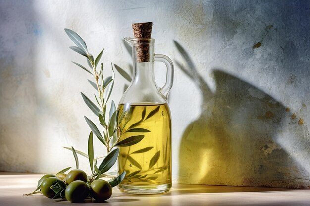 Foto botella de aceite de oliva y aceitunas sobre un fondo rústico y de piedra claro aceite de oliva para cocinar