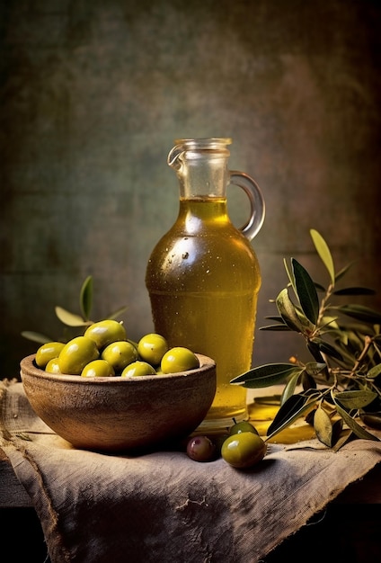 Foto botella de aceite de oliva y aceitunas sobre un fondo rústico y de piedra claro aceite de oliva para cocinar