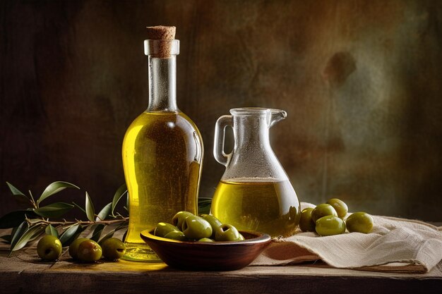 Botella de aceite de oliva y aceitunas sobre un fondo rústico y de piedra claro Aceite de oliva para cocinar