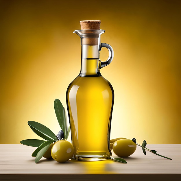 Una botella de aceite de oliva con aceitunas sobre una mesa de madera.