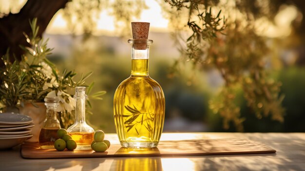 botella de aceite de oliva en el campo