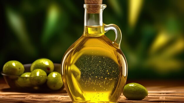 Una botella de aceite de oliva con un corcho en la parte superior.