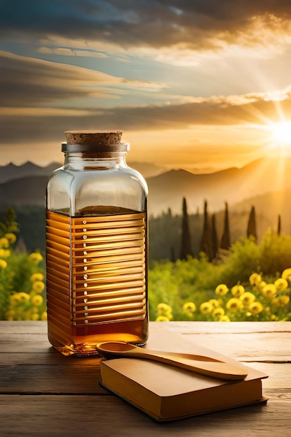 Una botella de aceite de oliva descansa sobre una mesa frente a un paisaje con una montaña al fondo.