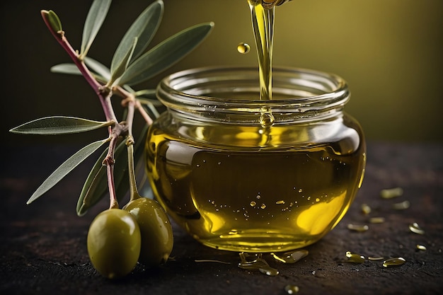 una botella de aceite de oliva está al lado de una rama con aceitunas