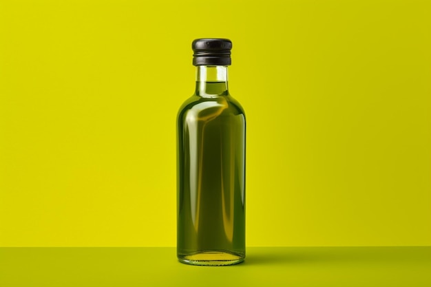 Una botella de aceite de oliva con un fondo verde