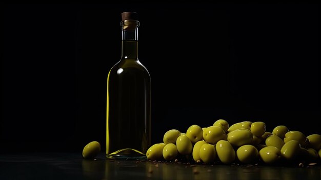 Una botella de aceite de oliva junto a un montón de aceitunas verdes.