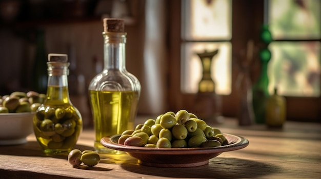 Una botella de aceite de oliva junto a un plato de aceitunas