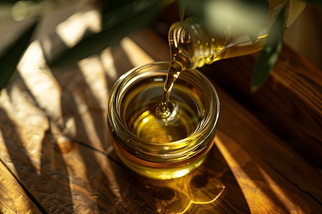 Botella de aceite de oliva en una mesa de madera