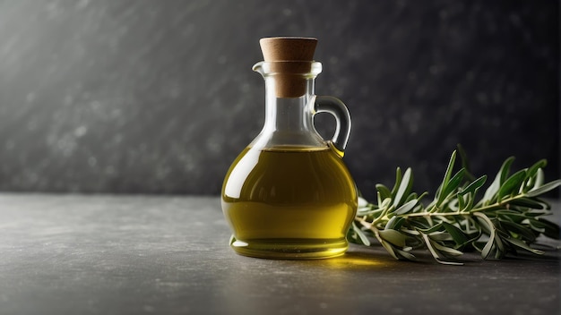 Botella de aceite de oliva minimalista con hierbas frescas