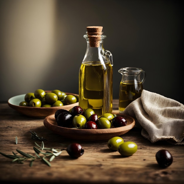 Botella de aceite de oliva y plato de aceitunas en madera.