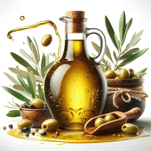 botella de aceite de oliva con salpicaduras de aceite deoliva aisladas sobre un fondo blanco