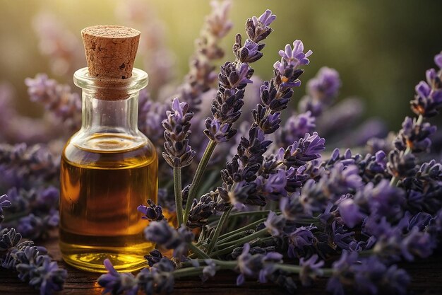 Foto una botella de aceite de oliva se sienta al lado de un ramo de flores de lavanda