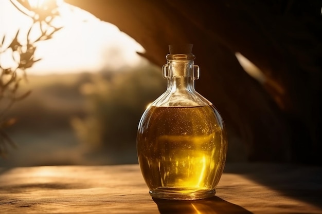 Una botella de aceite de oliva se sienta en una mesa de madera frente a una puesta de sol.