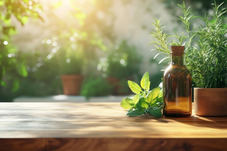 una botella de aceite de oliva se sienta en una mesa de madera