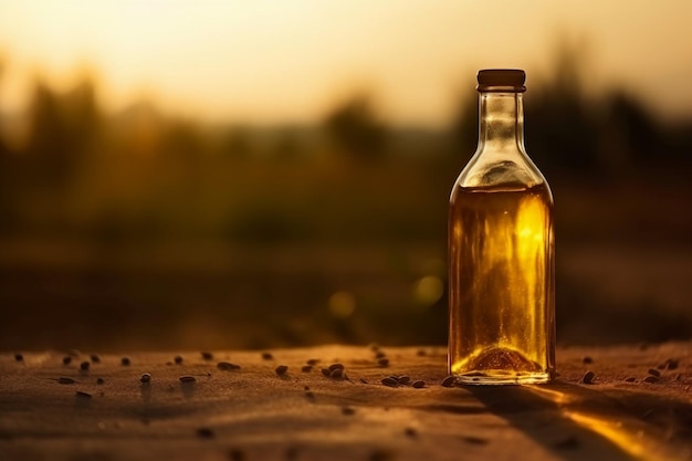 Una botella de aceite de oliva se sienta sobre una mesa con semillas sobre la mesa