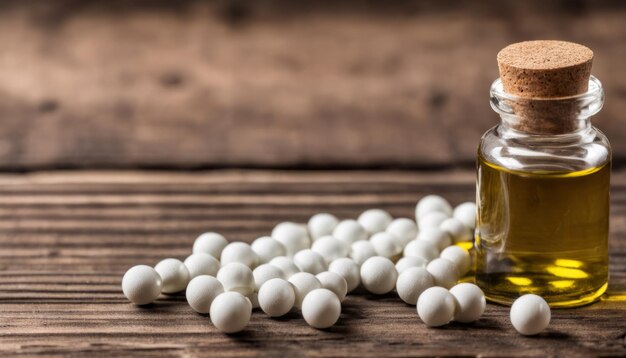 Una botella de aceite con pastillas blancas en una mesa de madera