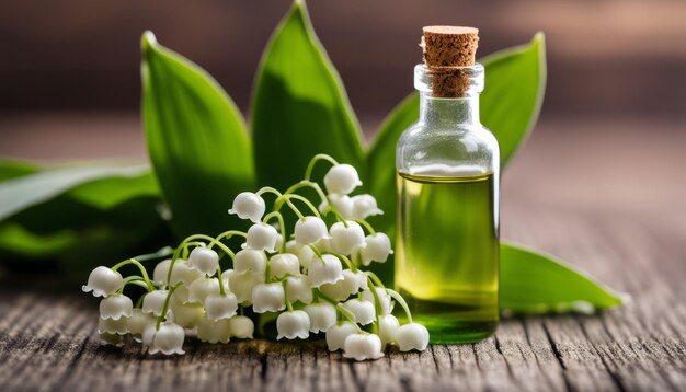 Una botella de aceite con una planta verde y flores blancas