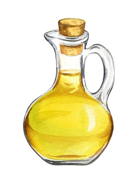 Foto botella de acuarela con jarra transparente de vidrio de aceite de oliva con aceite amarillo tema italiano dibujado a mano ilu