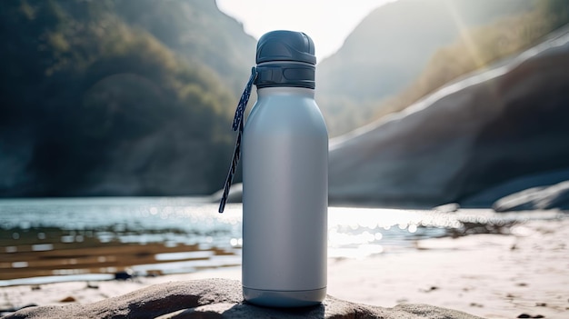 Foto una botella de agua de acero inoxidable descansa sobre una roca frente a un lago.