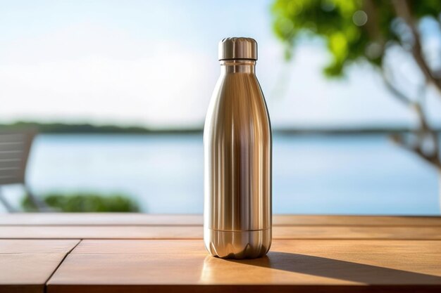 Botella de agua de acero inoxidable en la mesa que abraza la vida sin plástico