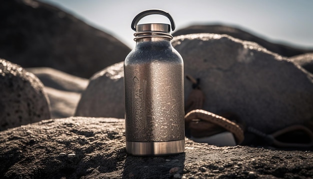 Una botella de agua de acero inoxidable sobre una roca con la palabra omni.