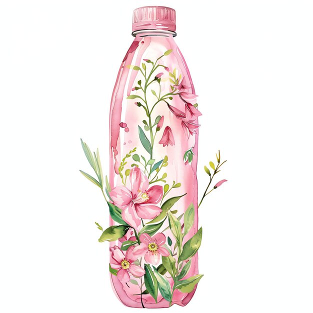Botella de agua acuarela rosa chica viajando