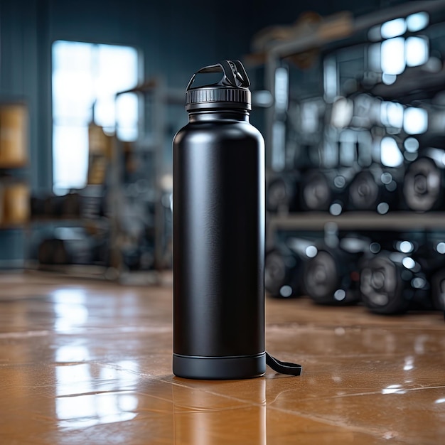 botella de agua de aluminio de pie con una maqueta de tapa negra