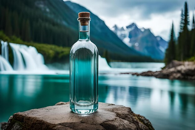 Foto una botella de agua aquafina descansa sobre una roca frente a una cascada.