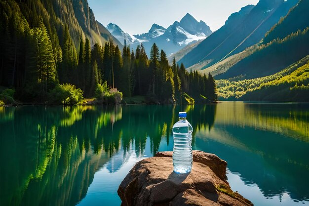 Una botella de agua se asienta sobre una roca frente a un lago de montaña.