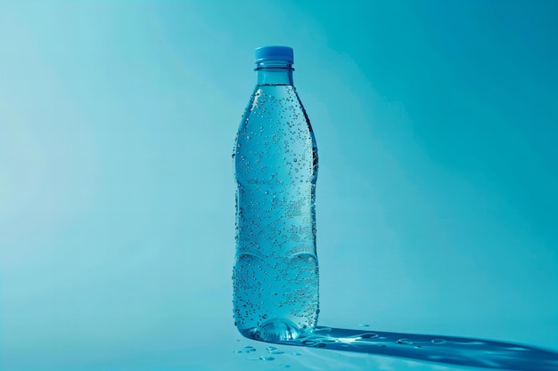 Botella de agua azul cubierta con gotas de agua