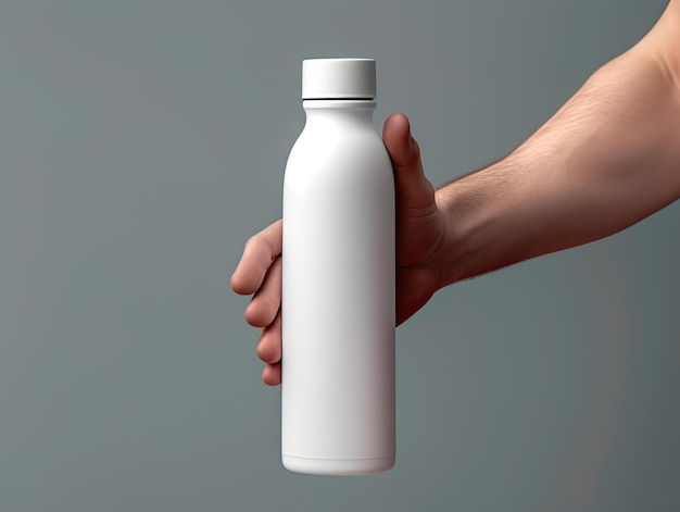 Botella de agua blanca en la mano de un hombre contra un fondo gris IA generativa