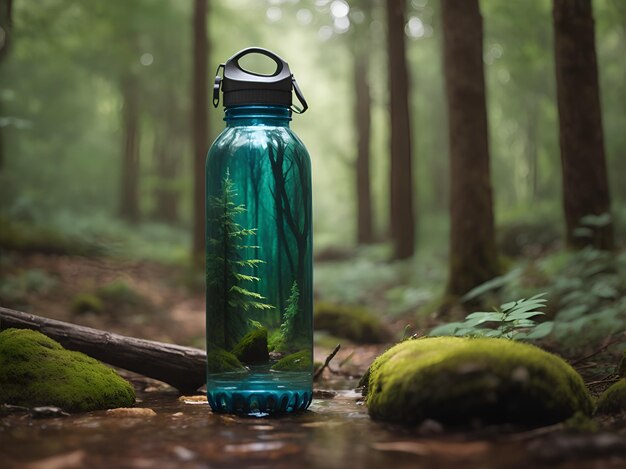 Botella de agua en el bosque