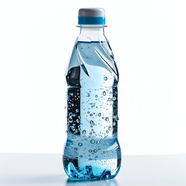 Botella de agua con burbujas aisladas en fondo blanco toma de estudio